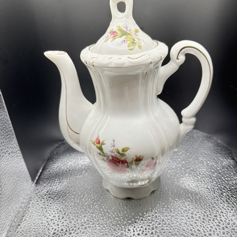 VTG Unmarked Porecelain Coffee Pot & Lid Pink Roses Gold Cottage Core Country